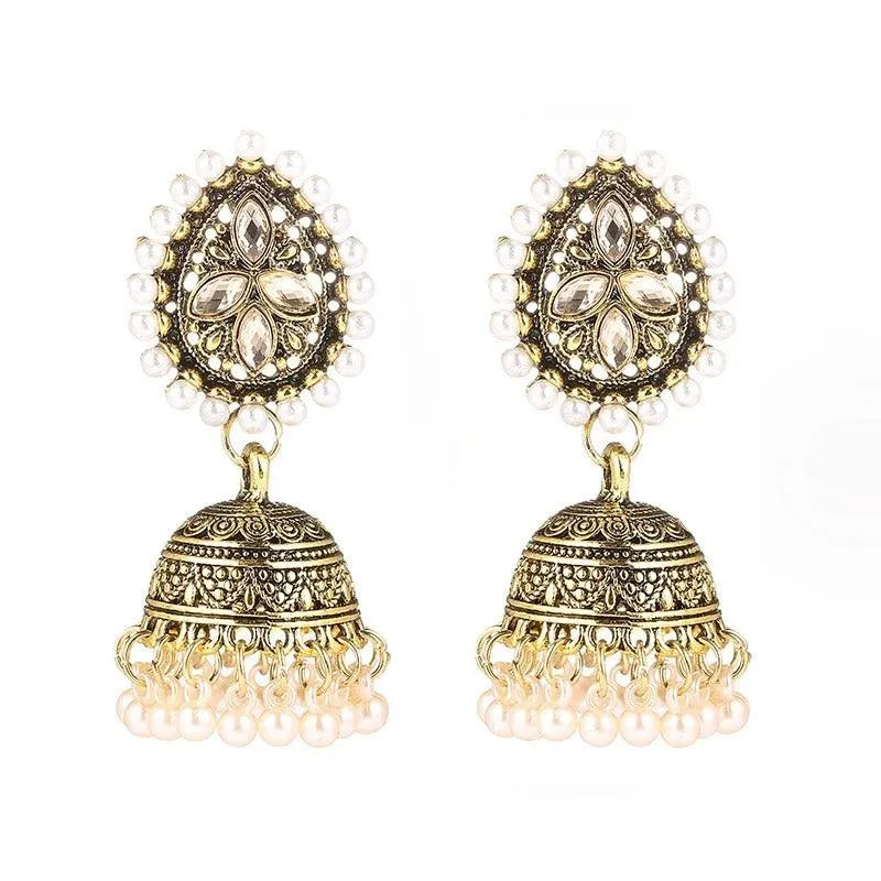 Elegant Golden Jhumka Earrings with Pearls and Gemstones - Begum