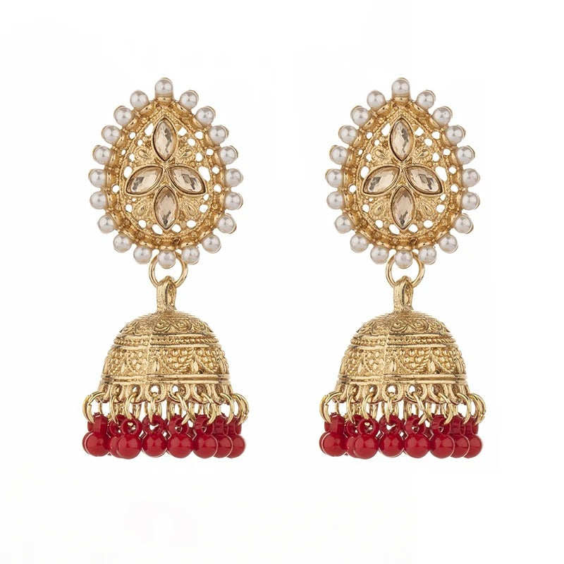 Elegant Golden Jhumka Earrings with Pearls and Gemstones