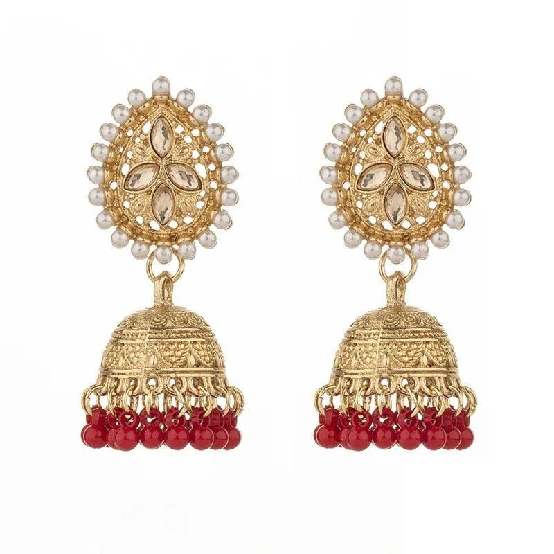 Elegant Golden Jhumka Earrings with Pearls and Gemstones - Begum